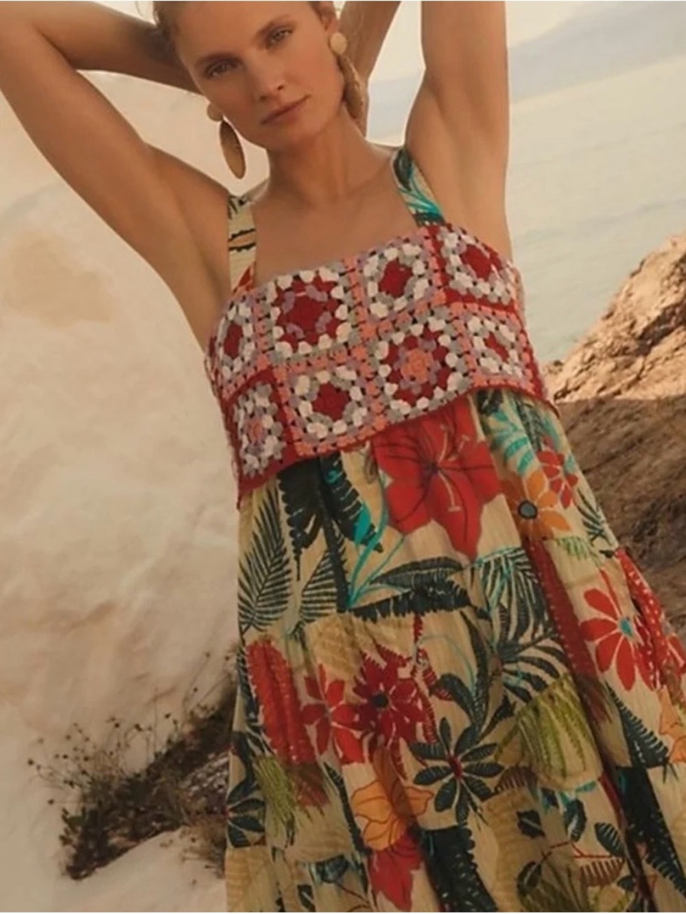 FARM Rio Tropical Crochet-Bust Maxi Dress in Red, Green, Yellow